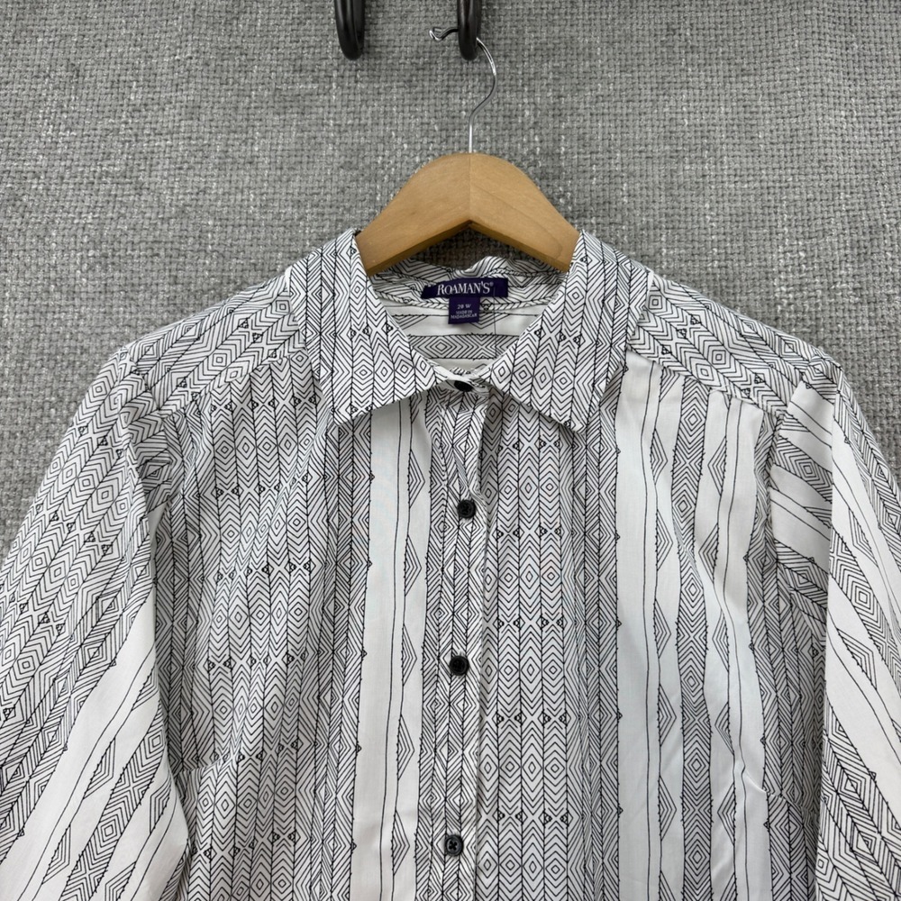 Roaman's Button Down Tunic Women 20W White Black Like New Geometric Print